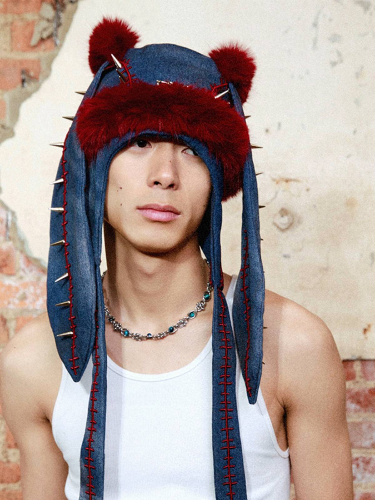 GENZERO "" Strang "series" stars of the same fashion denim rivet plush rabbit ear hat bag cap
