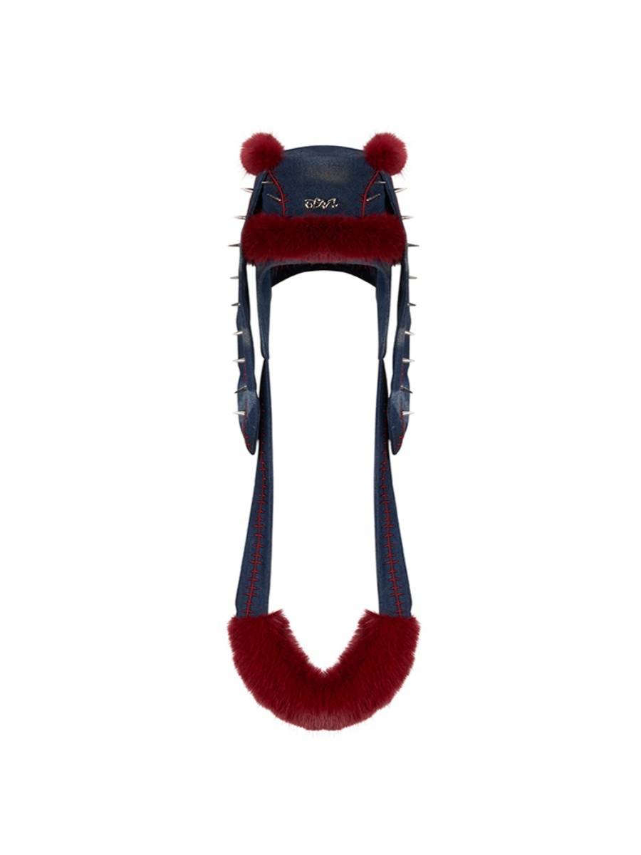GENZERO "" Strang "series" stars of the same fashion denim rivet plush rabbit ear hat bag cap
