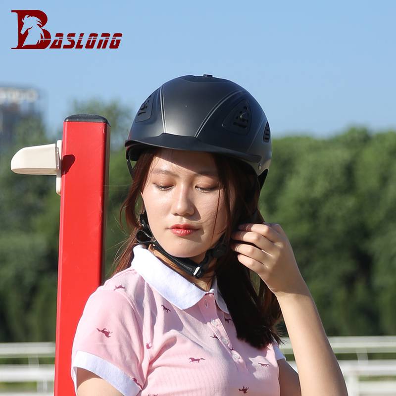 A horse ride with a horse helmet and a self-controlled air-revenging safety horse