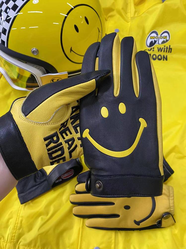 Stagents stitching smiley face Harley men and women knights leather spring and autumn riding retro pedal touch screen locomotive gloves