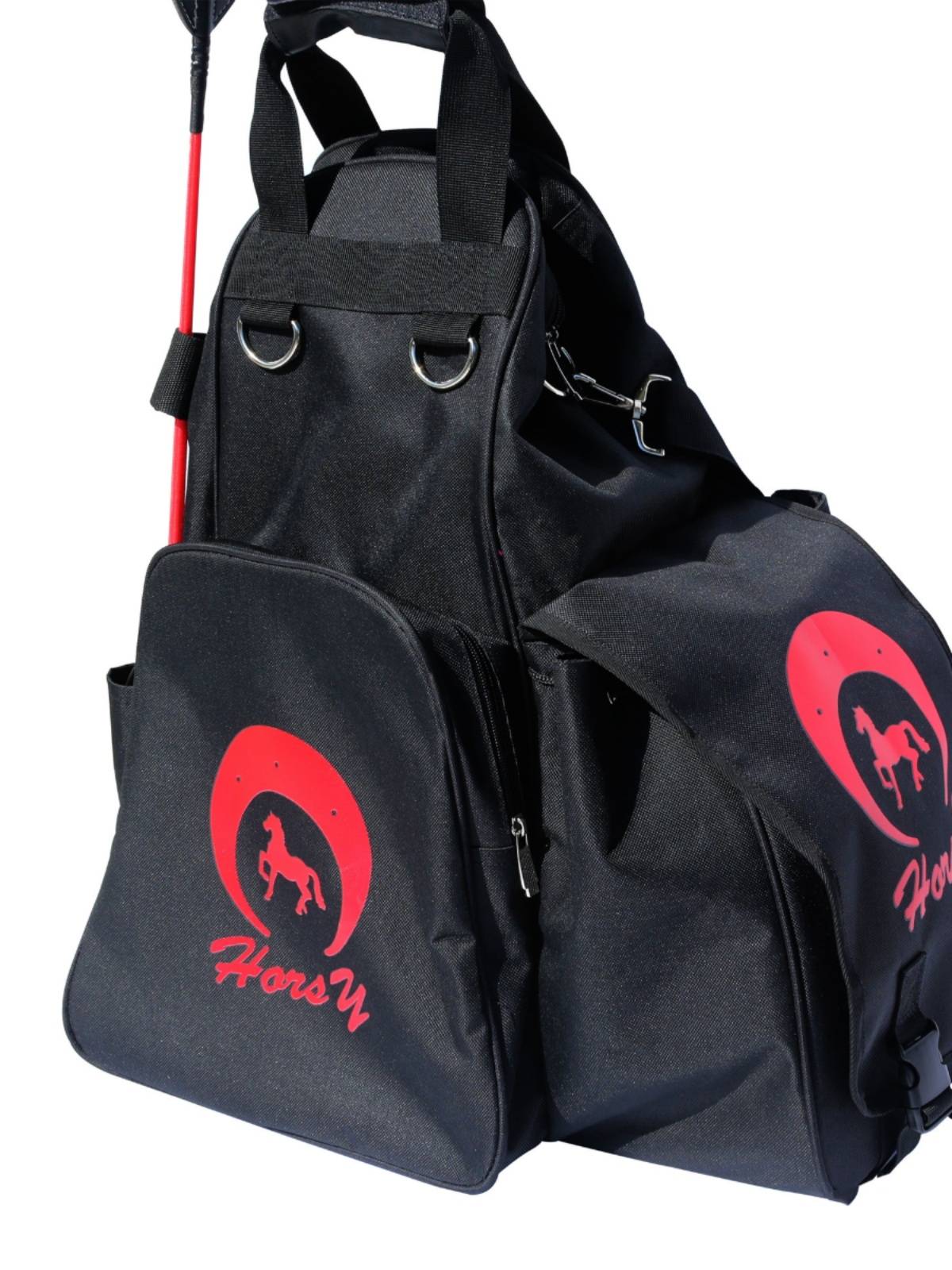 A horse's gear, boots, knight's horse's gear, and an adult's horse's helmet, and a professional pack for a pack