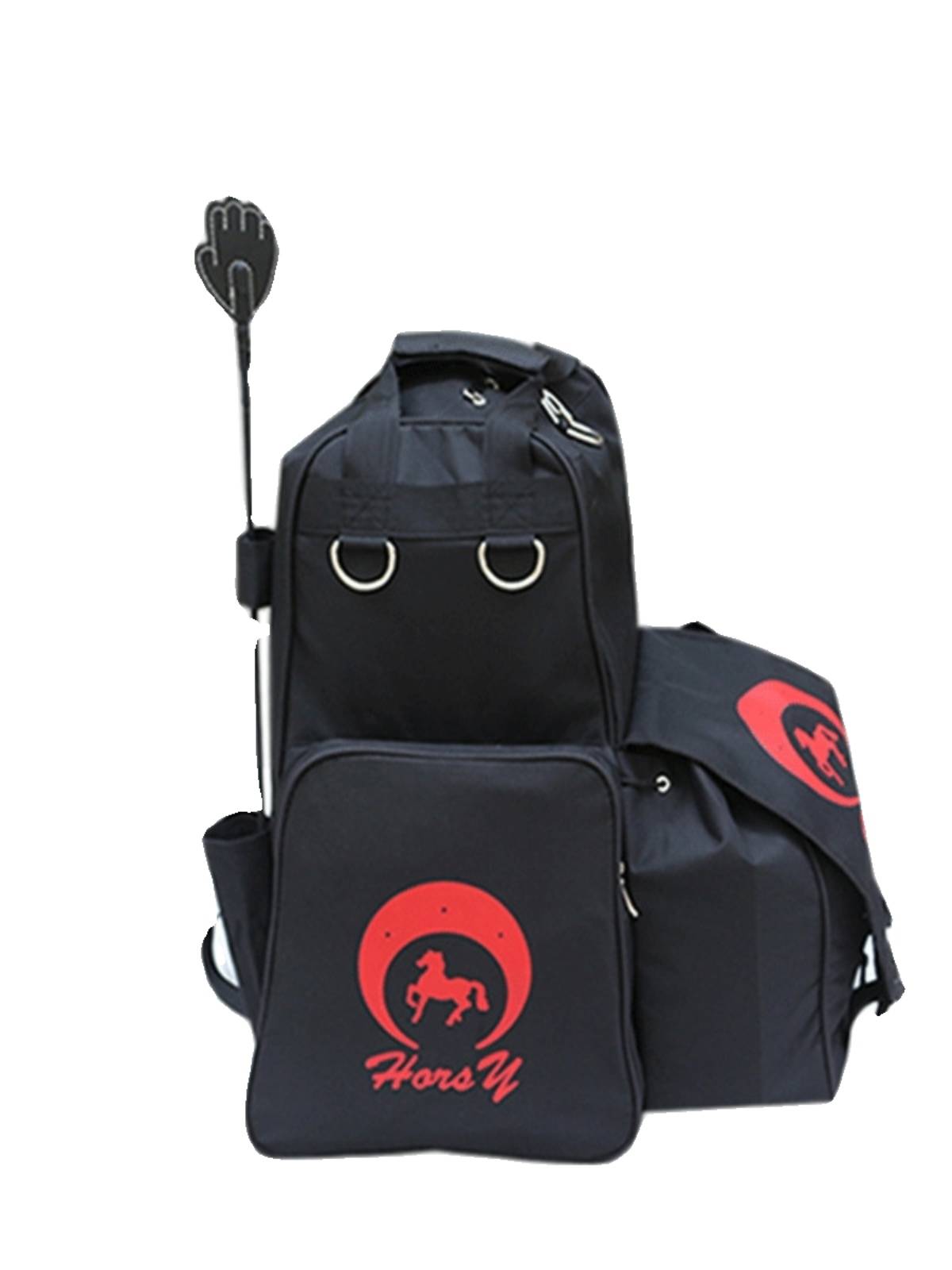 A horse's gear, boots, knight's horse's gear, and an adult's horse's helmet, and a professional pack for a pack