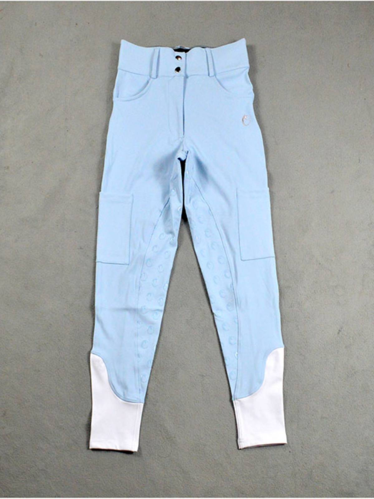 Female equestrian trousers with side pockets, anti -slip silicone quicks dry light blue front zipper riding clothes