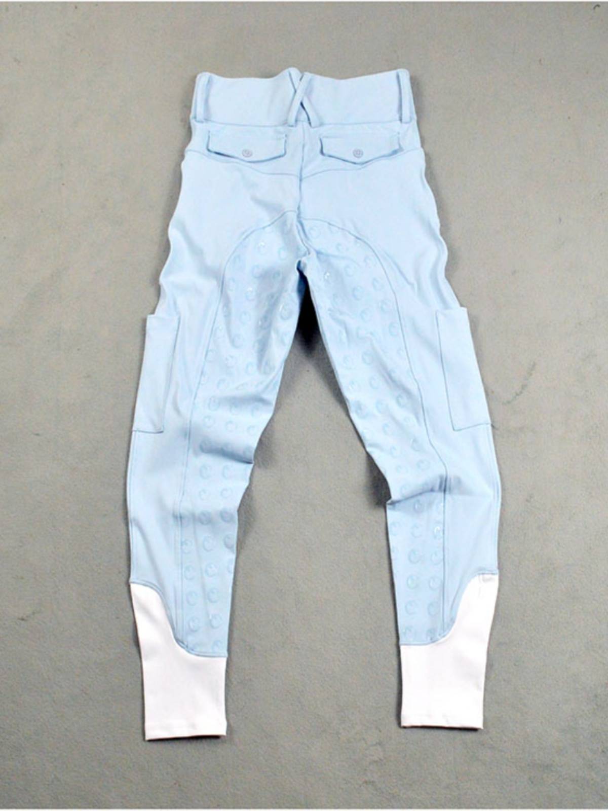 Female equestrian trousers with side pockets, anti -slip silicone quicks dry light blue front zipper riding clothes