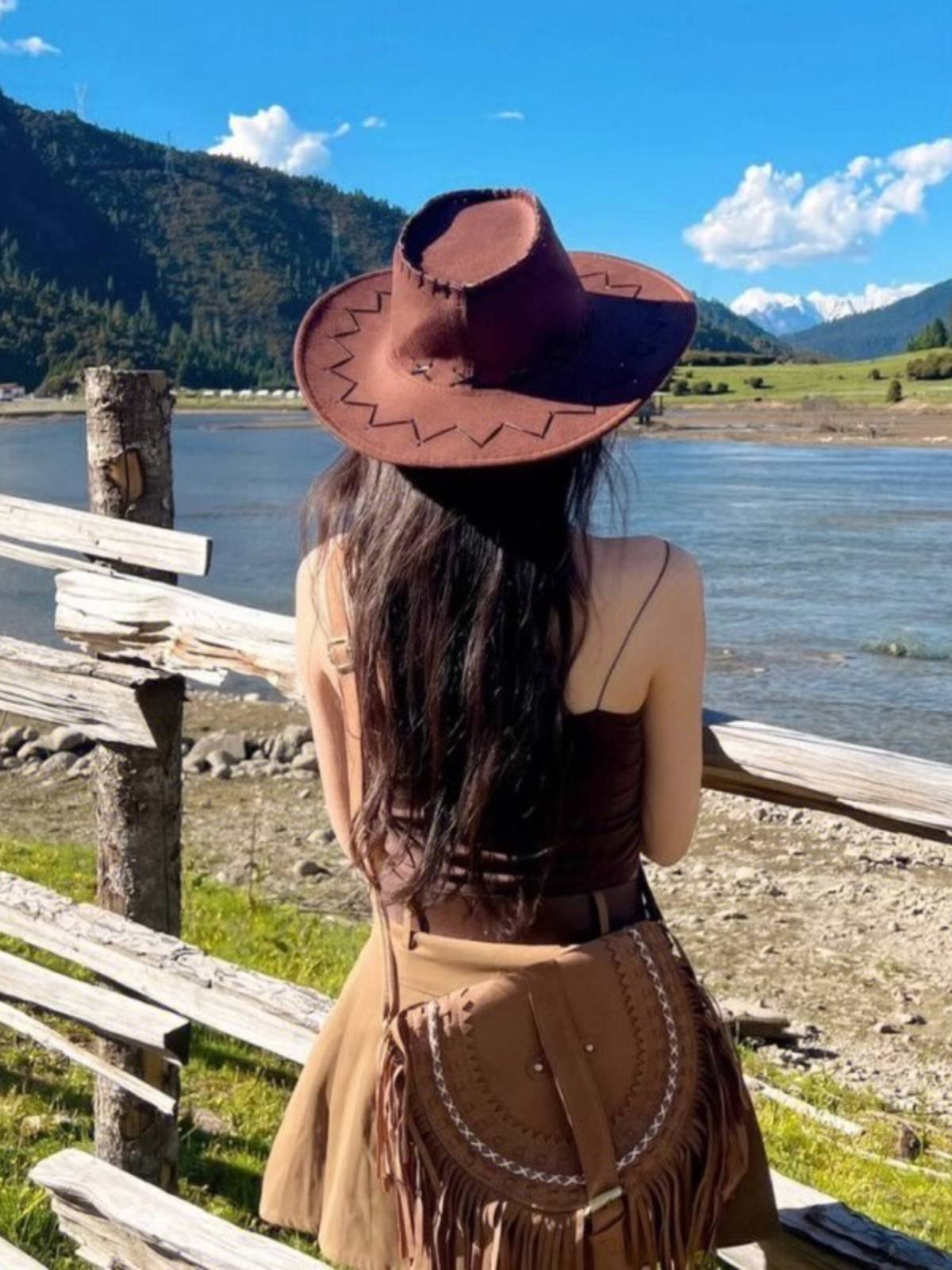 Western Cowboy Hat Girl Summer Sun Riding Out of the Shore Beach