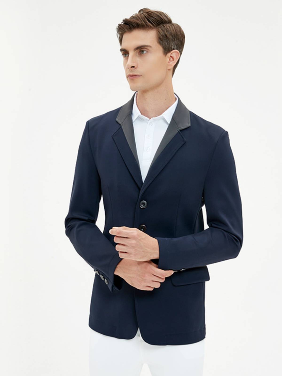 A horseman in an adult man's suit. A horseman's coat on a horse