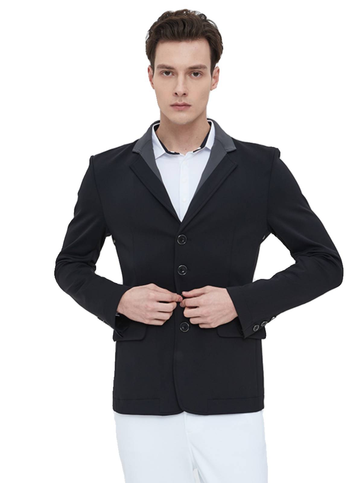 A horseman in an adult man's suit. A horseman's coat on a horse