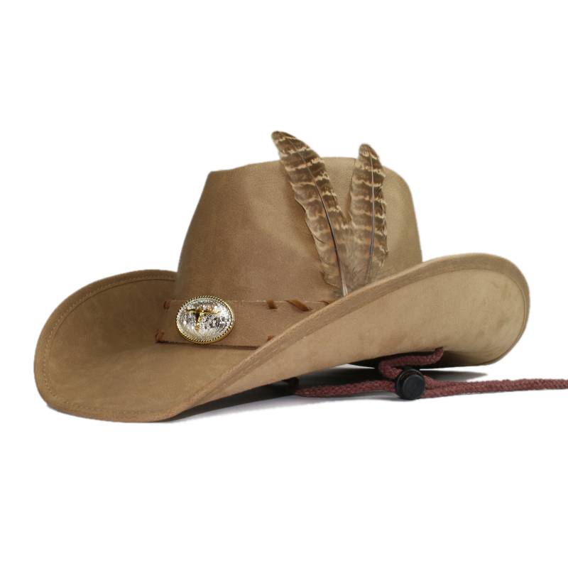 Retro -old pheasant feathers decorative leather men's and women's big eaves riding horse ride in the United States Western denim hat shading warmth