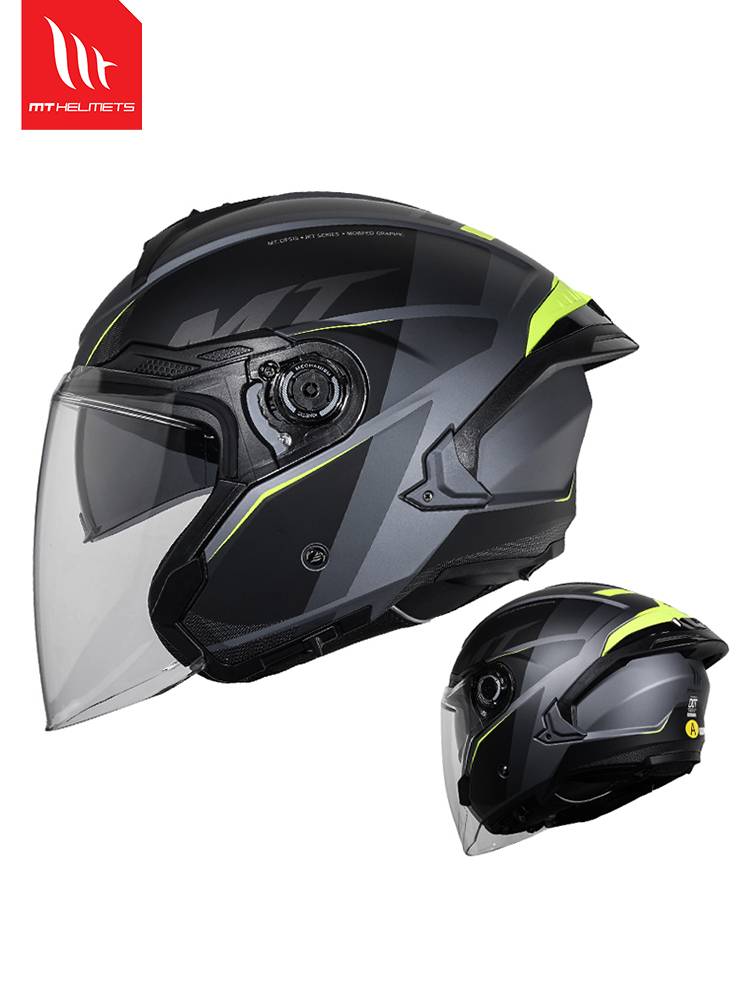 THREE-QUARTERS OF THE NEW MT HELMET, A MAN AND A WOMAN ON A SUMMER MOTORCYCLE