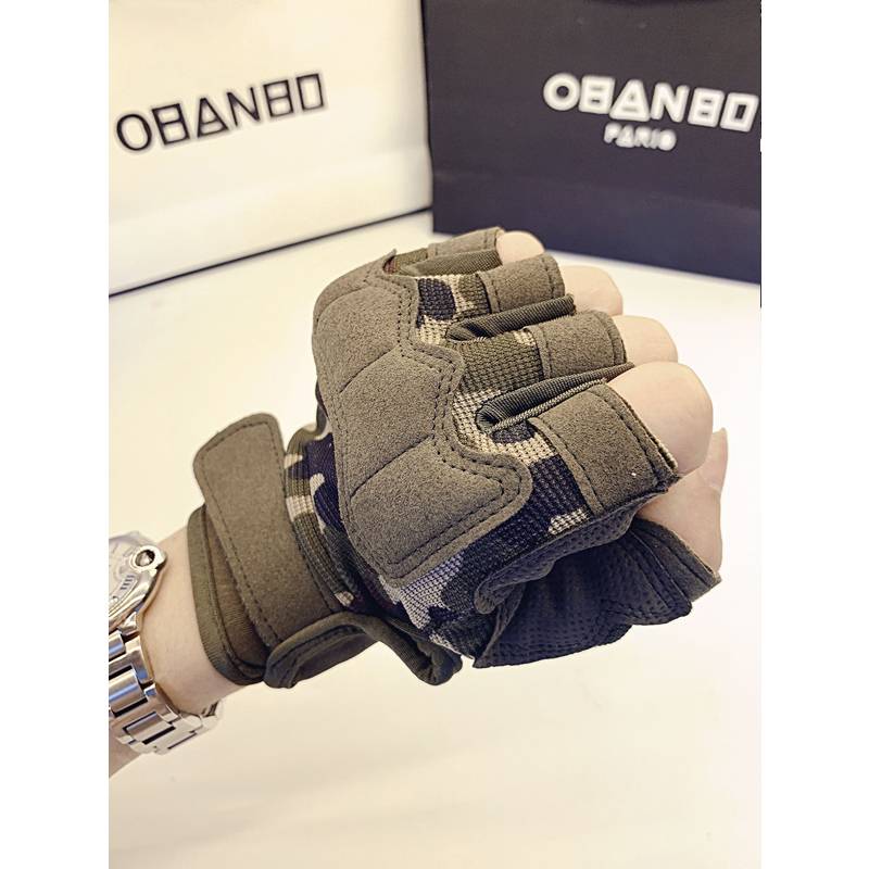 Semi -finger tactical glove men and women outdoor half -cut fitness, iron riding mountaineering non -slip short dew finger camouflage single bar