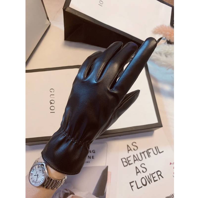 Leather glove men's and women's autumn and winter couple Korean version plus velvet, warm, windproof, waterproof, cold -proof driving cycling touch screen