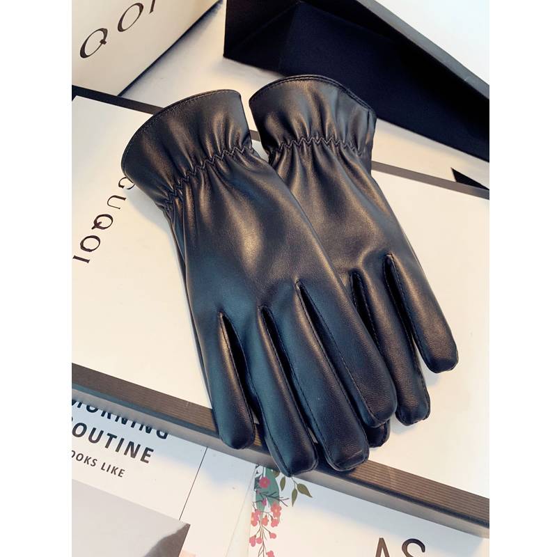 Leather glove men's and women's autumn and winter couple Korean version plus velvet, warm, windproof, waterproof, cold -proof driving cycling touch screen