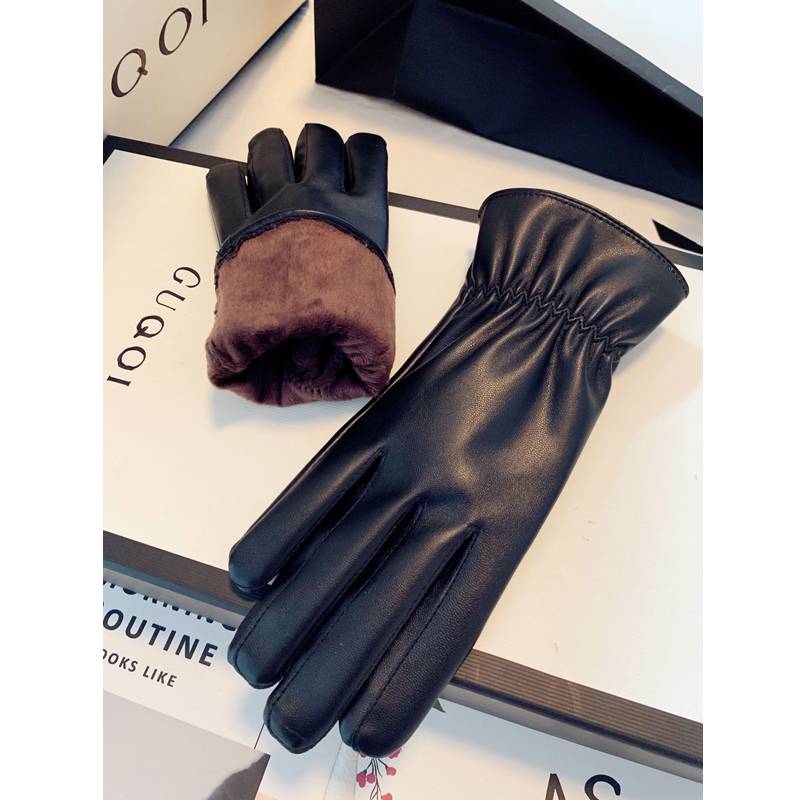 Leather glove men's and women's autumn and winter couple Korean version plus velvet, warm, windproof, waterproof, cold -proof driving cycling touch screen