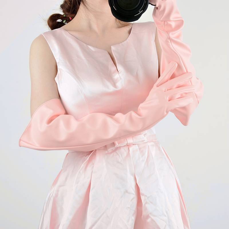 PU touch screen black leather gloves female simulated leather pink light blue sexy shape photo super short cos