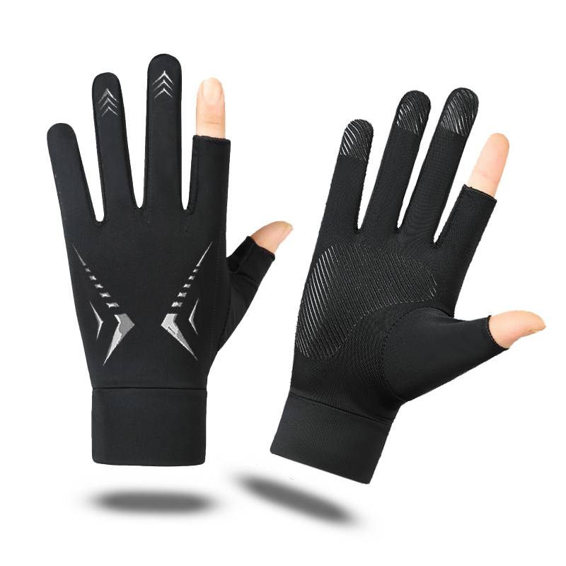 The sunscreen gloves man rides through the summer's thin air and skating skating wire drives out of his fingers and half his finger gloves