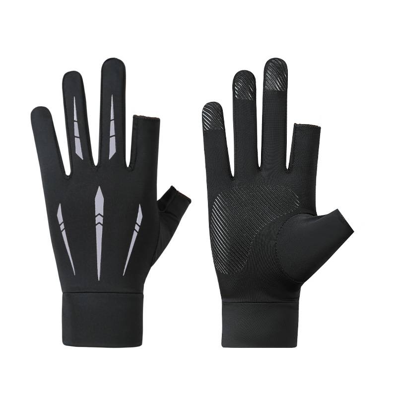 The sunscreen gloves man rides through the summer's thin air and skating skating wire drives out of his fingers and half his finger gloves
