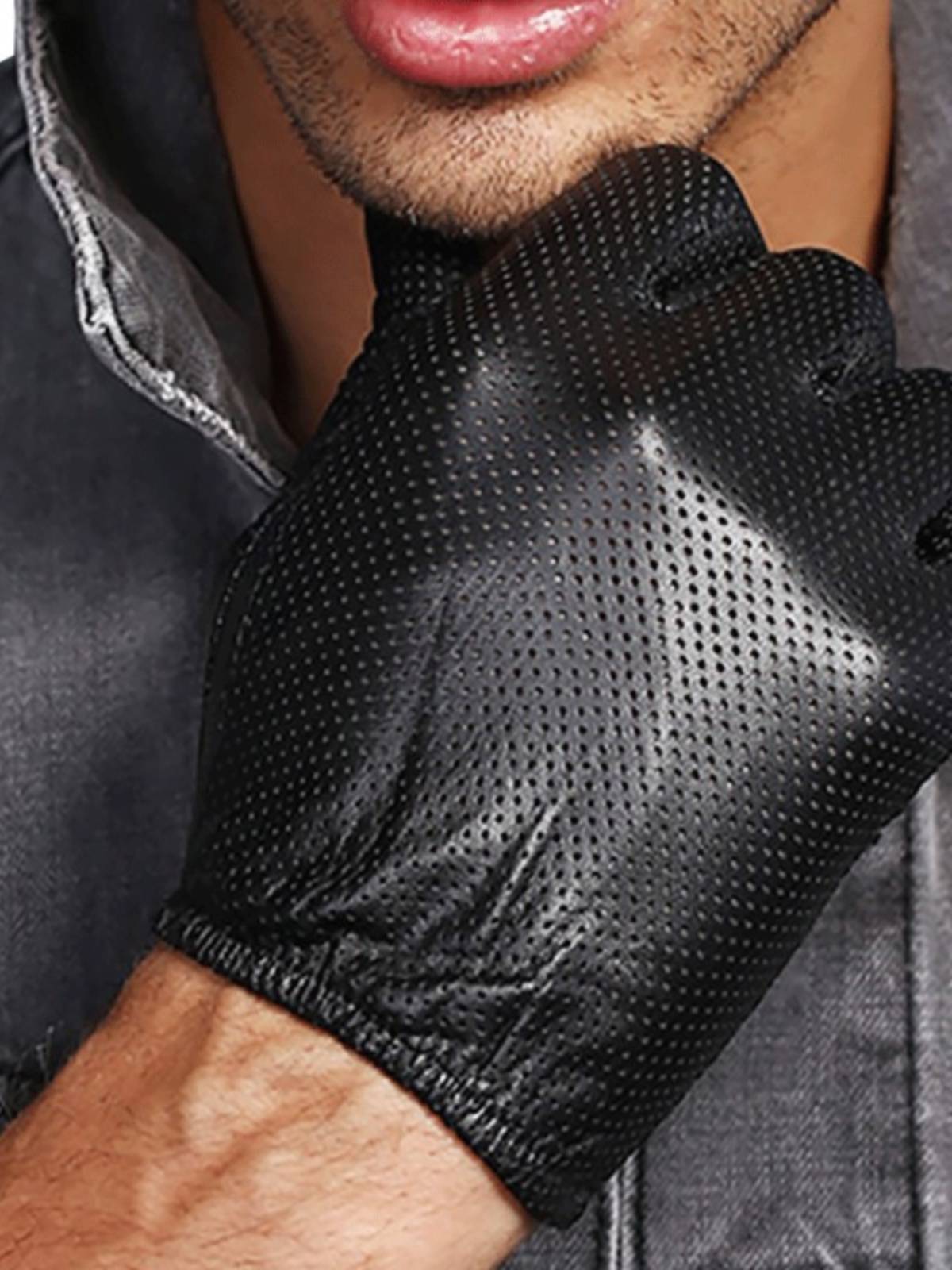 Leather glove men in winter plus velvet warm touch screen riding small sheepskin thin driving paste hand short leather gloves