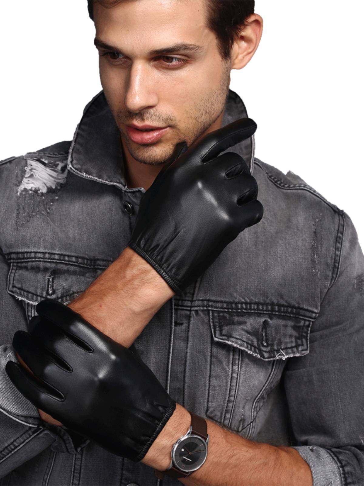 Leather glove men in winter plus velvet warm touch screen riding small sheepskin thin driving paste hand short leather gloves