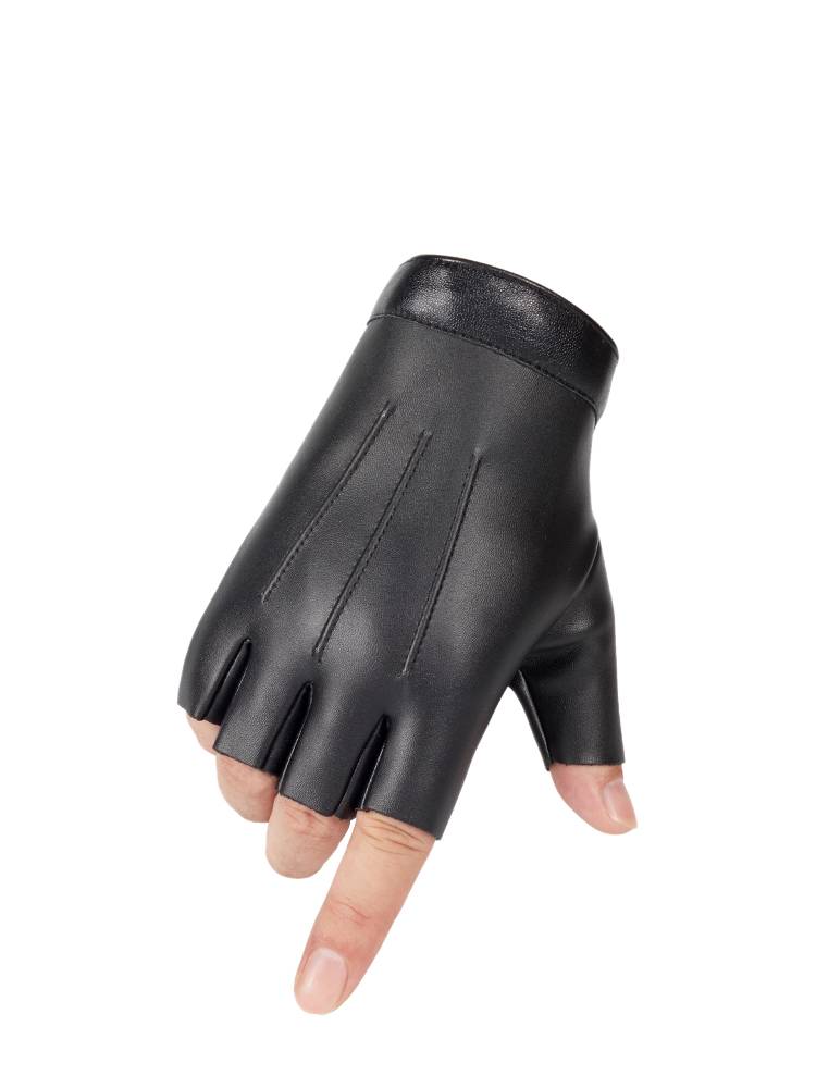 Semi -finger leather glove men in autumn and winter plus velvet heating outdoor cycling bicycle driving waterproof and anti -sliding dew refers to students