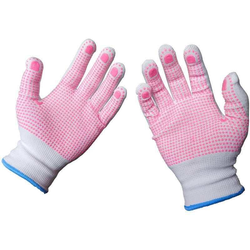 White gloves, pink glue