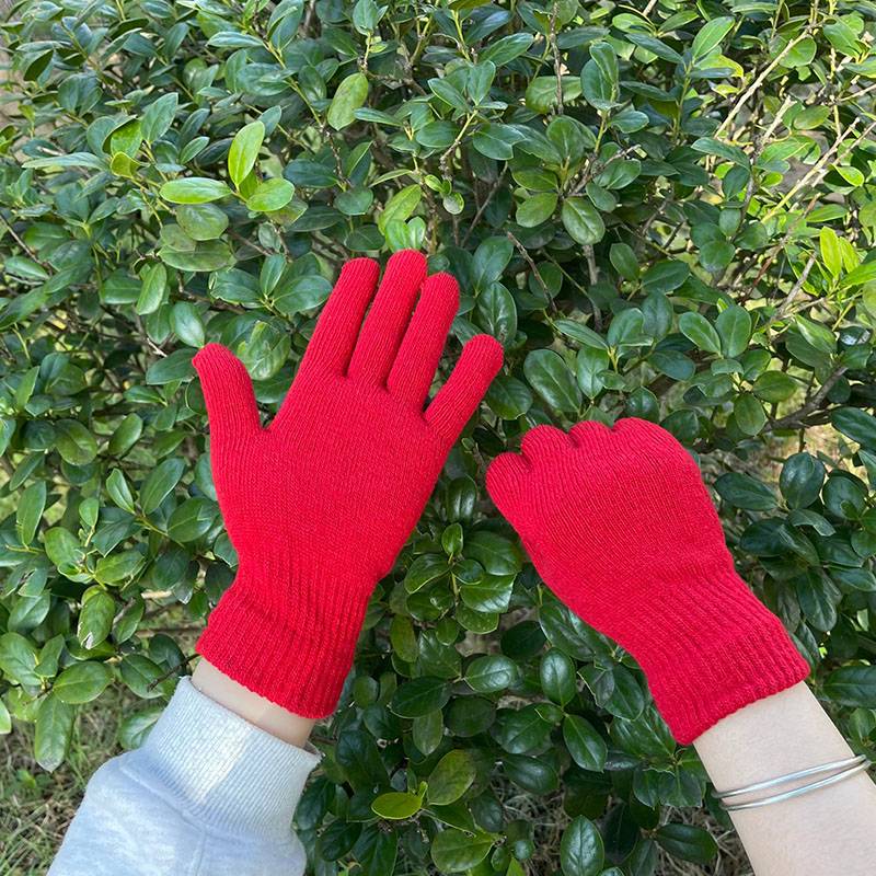 Pure -colored knitted glove male ladies in autumn and winter warm and velvet thickened elastic wool five -finger student gloves ride