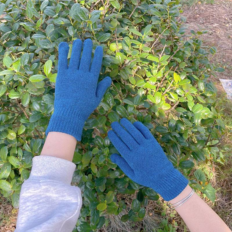 Pure -colored knitted glove male ladies in autumn and winter warm and velvet thickened elastic wool five -finger student gloves ride