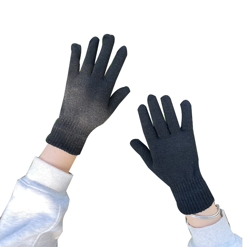 Pure -colored knitted glove male ladies in autumn and winter warm and velvet thickened elastic wool five -finger student gloves ride