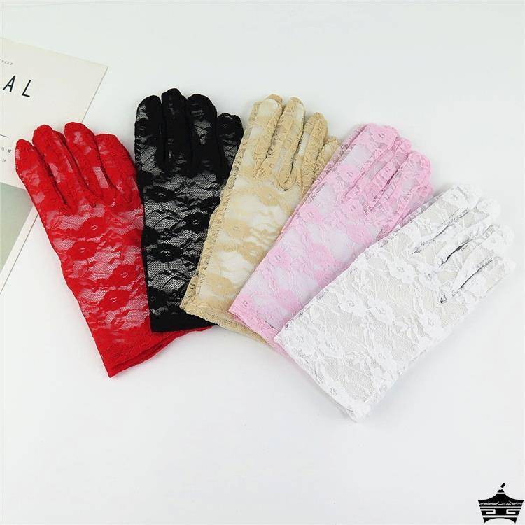 Drive sunscreen lace gloves in spring and summer, short -haired wedding bride white etiquette gloves black and red