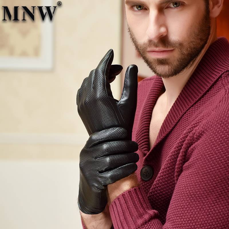 The head layer of the small sheepskin glove men's leather touch screen locomotive driving riding hollow monochriper slim glove