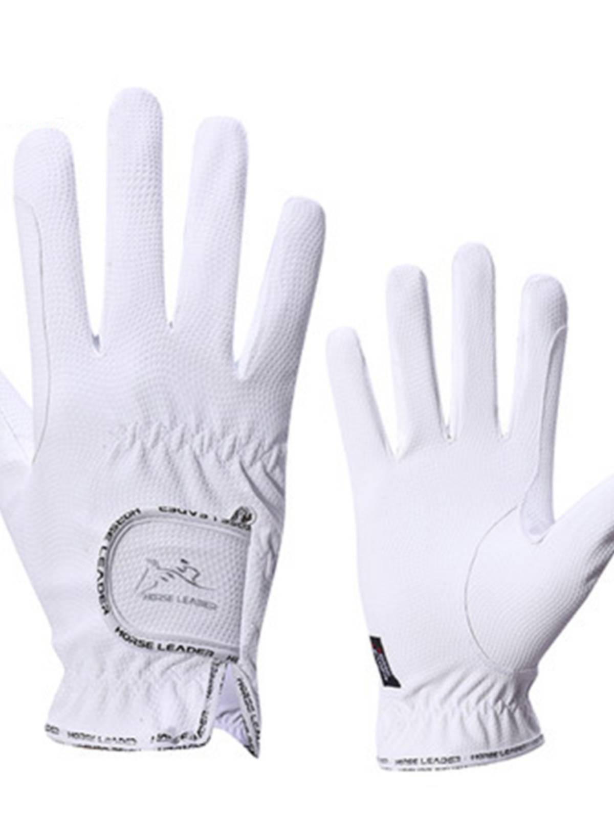 The horse gloves ride the horse gloves, the man and the woman with the smoother gloves, the boy and the girl with the white gloves