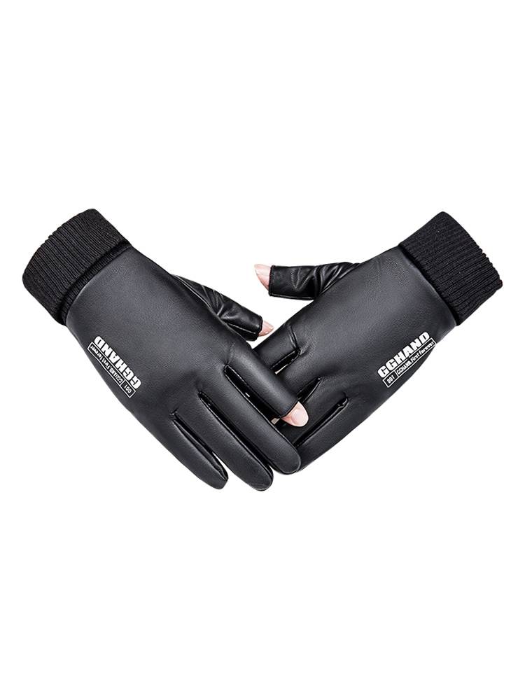 Specific glove men's and women's winter warming gloves plus velvet touch screen anti -skid driving students PU half -leak two finger gloves
