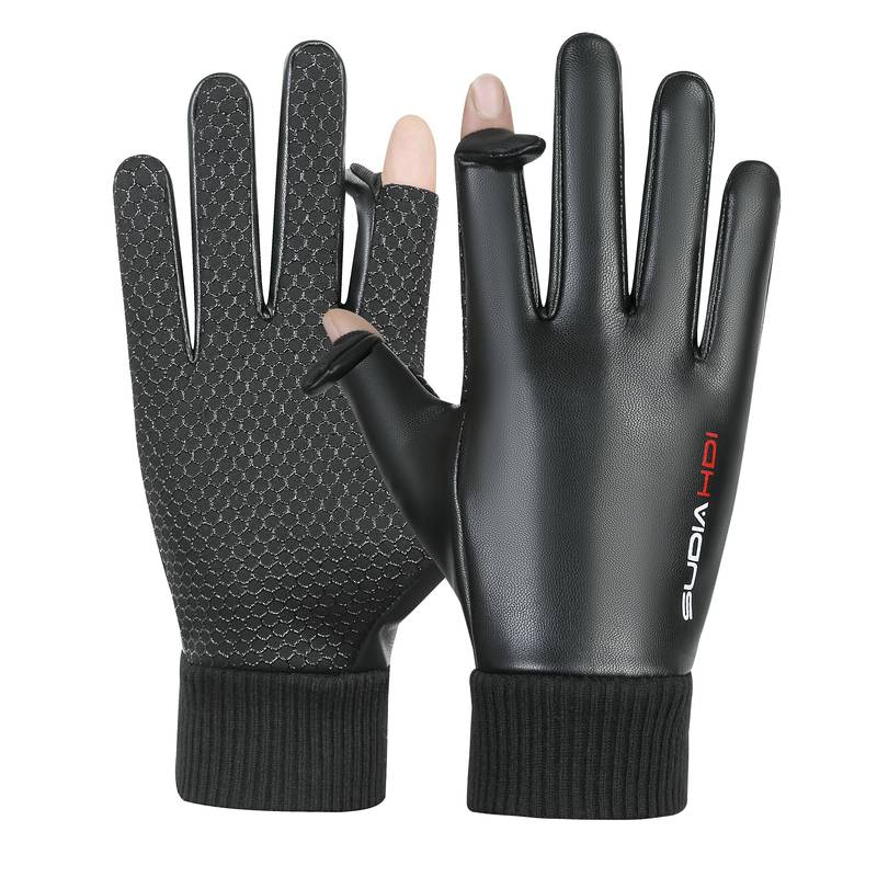Leather glove men's warm touch screen waterproof fishing ride to takeaway PU gloves full finger, wear -resistant anti -sliding running finger