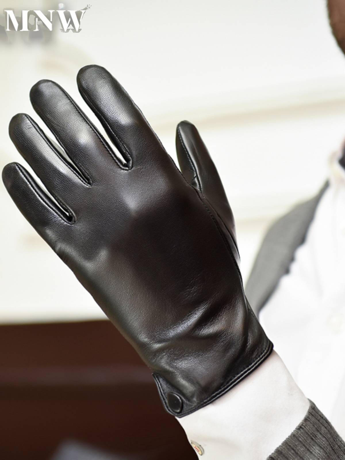 Men's little sheepskin touch screen repair hand mono leather thin, velvet, warm autumn and winter driving riding leather gloves