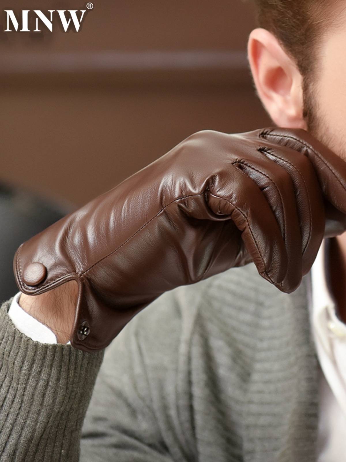 Men's little sheepskin touch screen repair hand mono leather thin, velvet, warm autumn and winter driving riding leather gloves