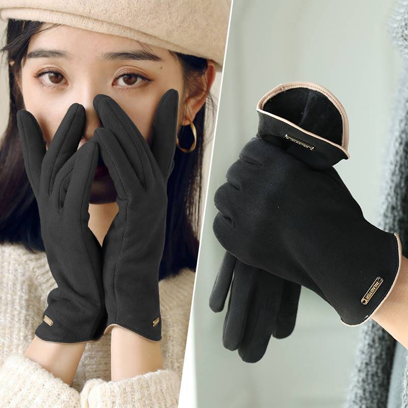 Keep warm glove men's winter Korean version of suede windproof driving riding women autumn and winter plus velvet thickened dew fingers touch screen