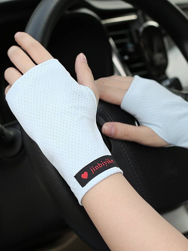 Summer semi -finger gloves sunscreen thin ice silk male dew fingers female driving riding half -cut touch screen breathable scar tattoo