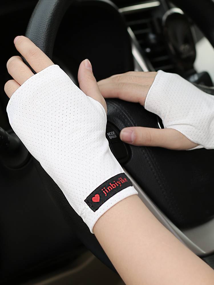 Summer semi -finger gloves sunscreen thin ice silk male dew fingers female driving riding half -cut touch screen breathable scar tattoo