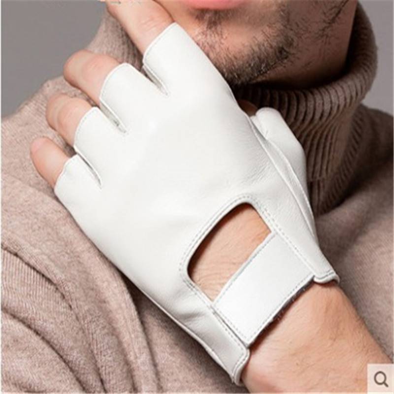 Semi -finger leather gloves men and women in thin spring and winter outdoor hiking driving driving riding anti -sliding dew fingers white sheepskin