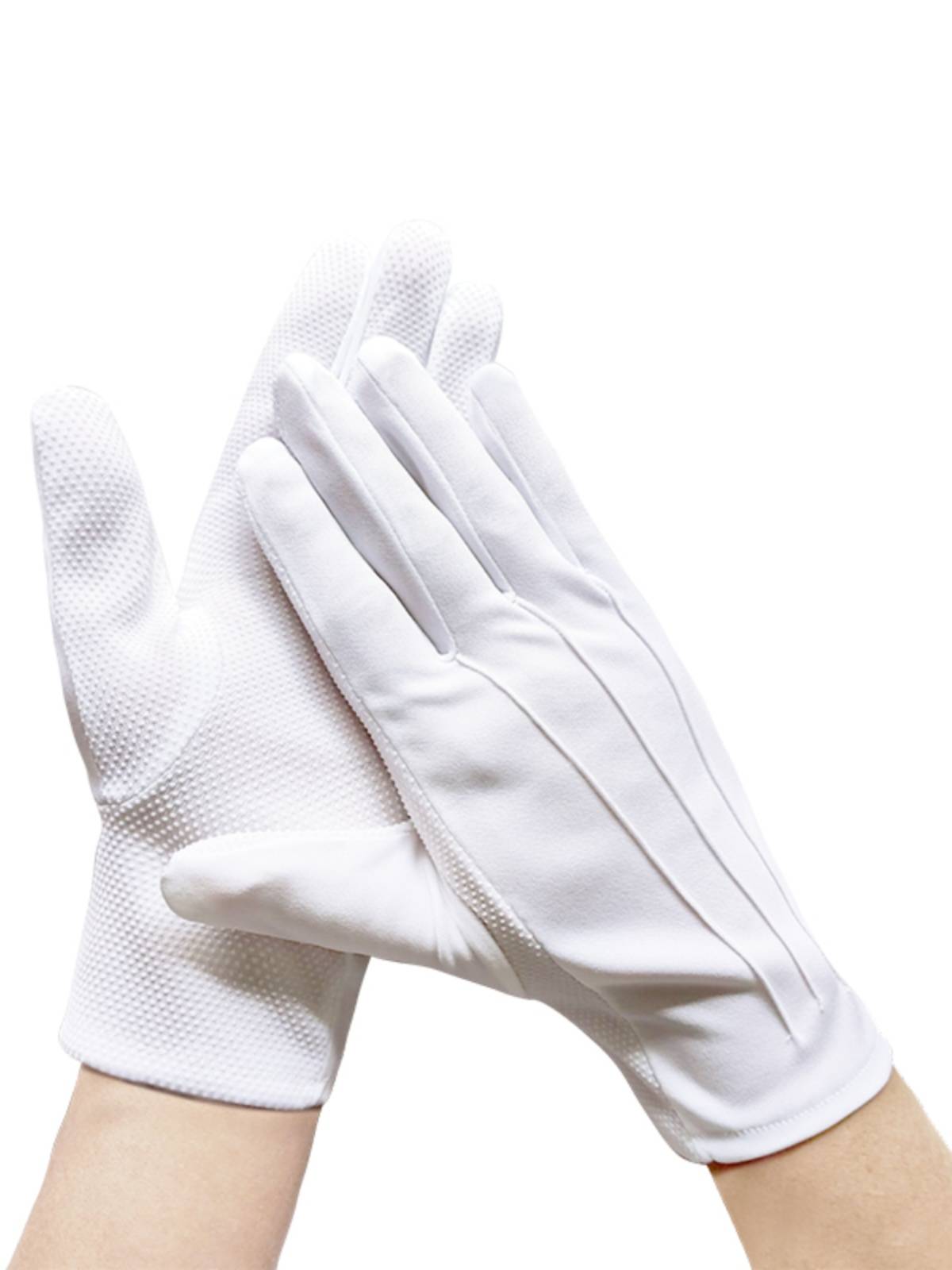 Black and white gel-proof taxi driver driving with ceremonial protocol, male and female air gloves and white gloves