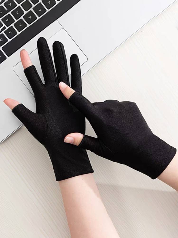 Ice silk glove gloves sunscreen summer exposed two fingers gloves spring and autumn pick up tea and ride sports fitness fast dry girl