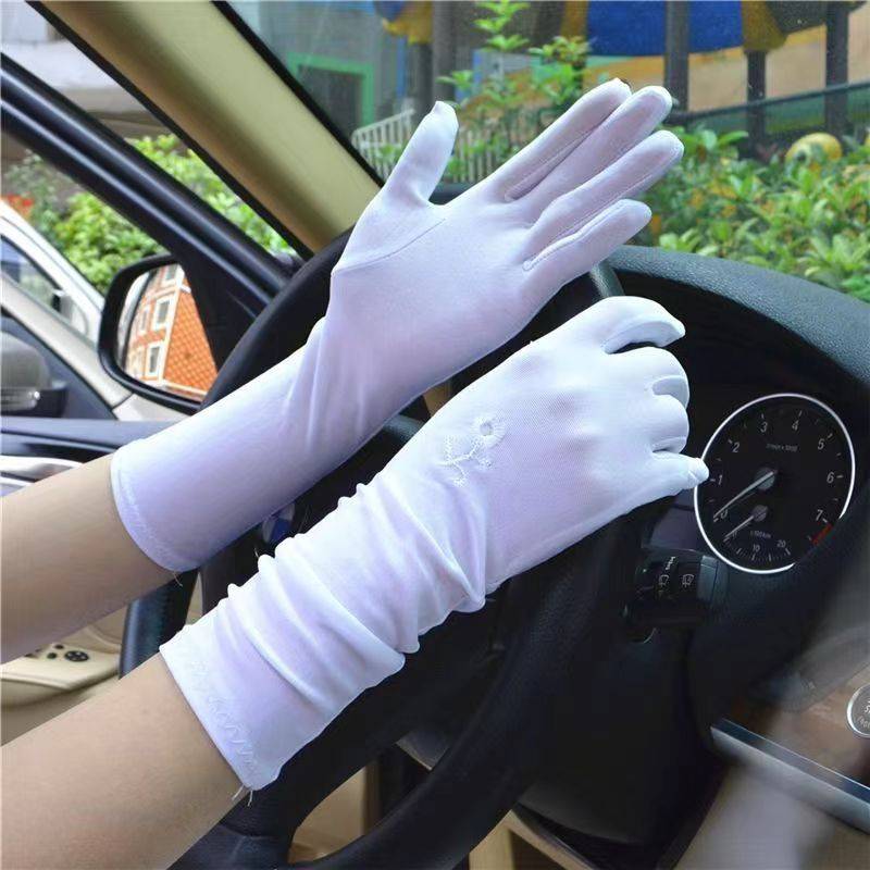 Spring, autumn and summer, sunscreen gloves, women's thin medium -long embroidered tight elastic cycling white black etiquette