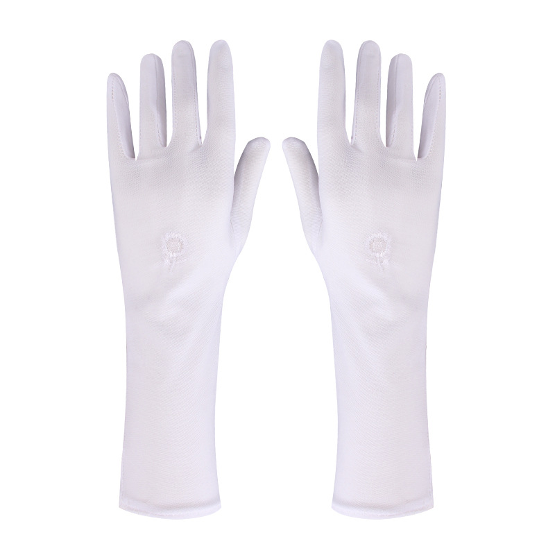 Spring, autumn and summer, sunscreen gloves, women's thin medium -long embroidered tight elastic cycling white black etiquette