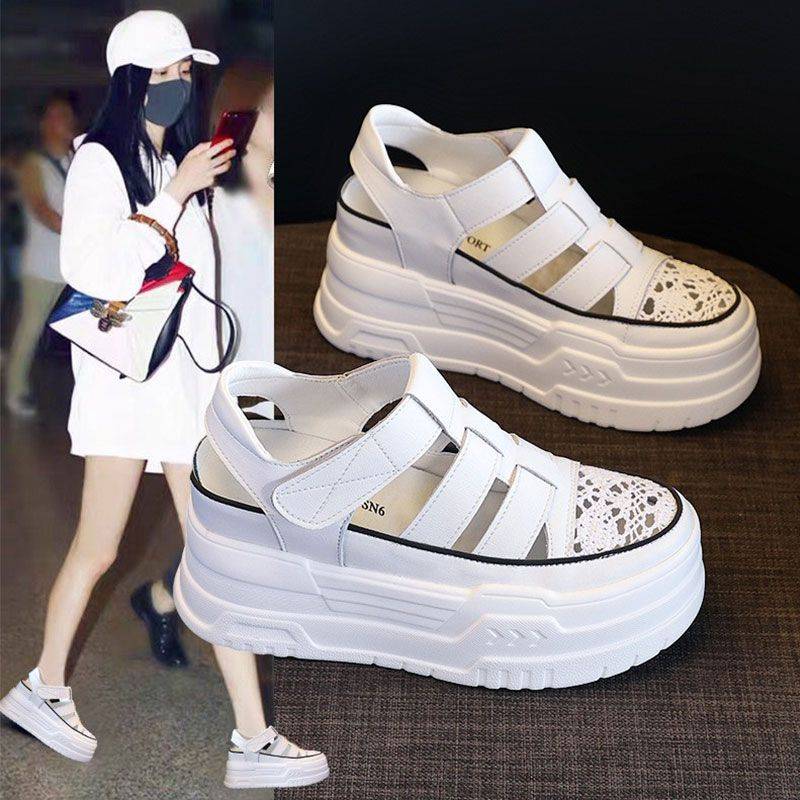 Beltou Baotou Roman sandals female 2024 new summer puff cake thick bottom pig cage shoes breathable hollow and hollowed out increased small