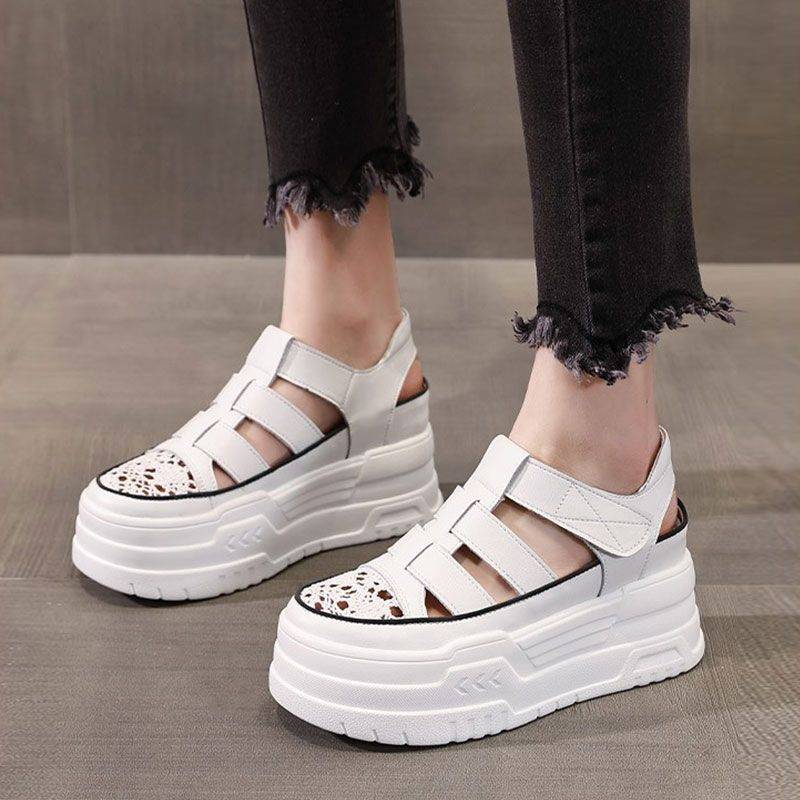 Beltou Baotou Roman sandals female 2024 new summer puff cake thick bottom pig cage shoes breathable hollow and hollowed out increased small