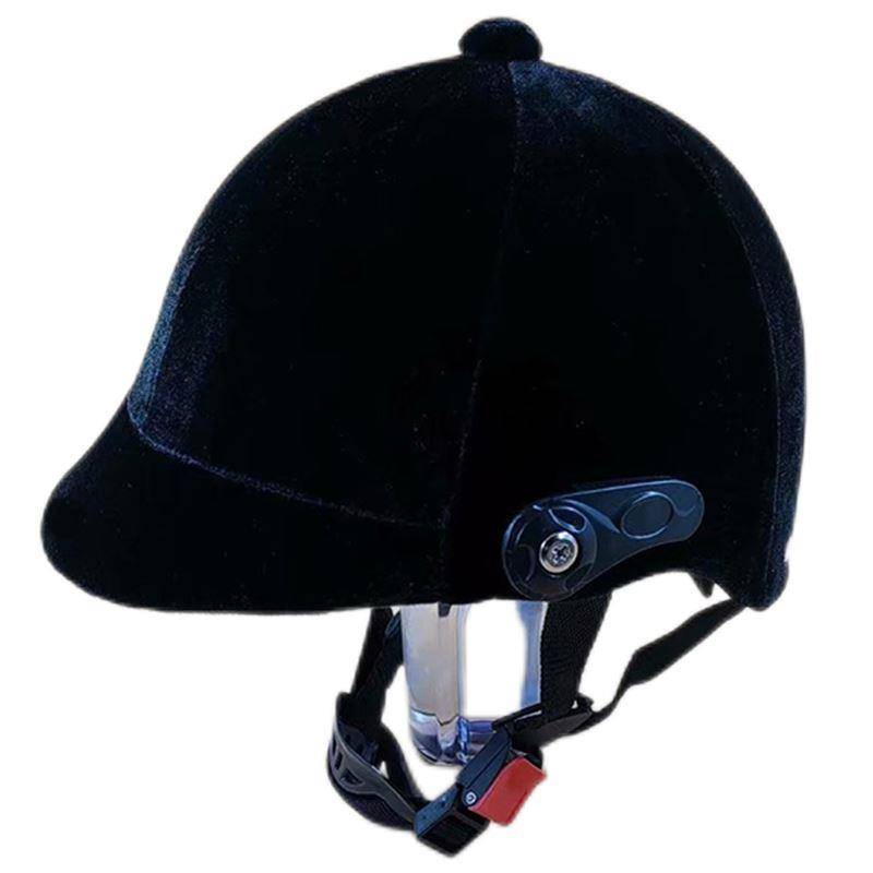 A horse riding a velvet helmet outdoors to protect the summer helmet lady