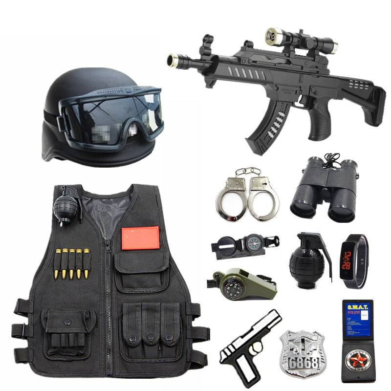 Children's small police toy set black cat sheriff hat boy special police officer equipment with toy guns to eat chicken soft bullet tactics