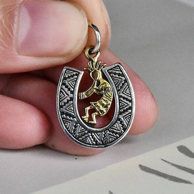 GV retro grid silver and copper mixing and printed people, worship horseshoe iron Thai silver pendant 925 silver pendant