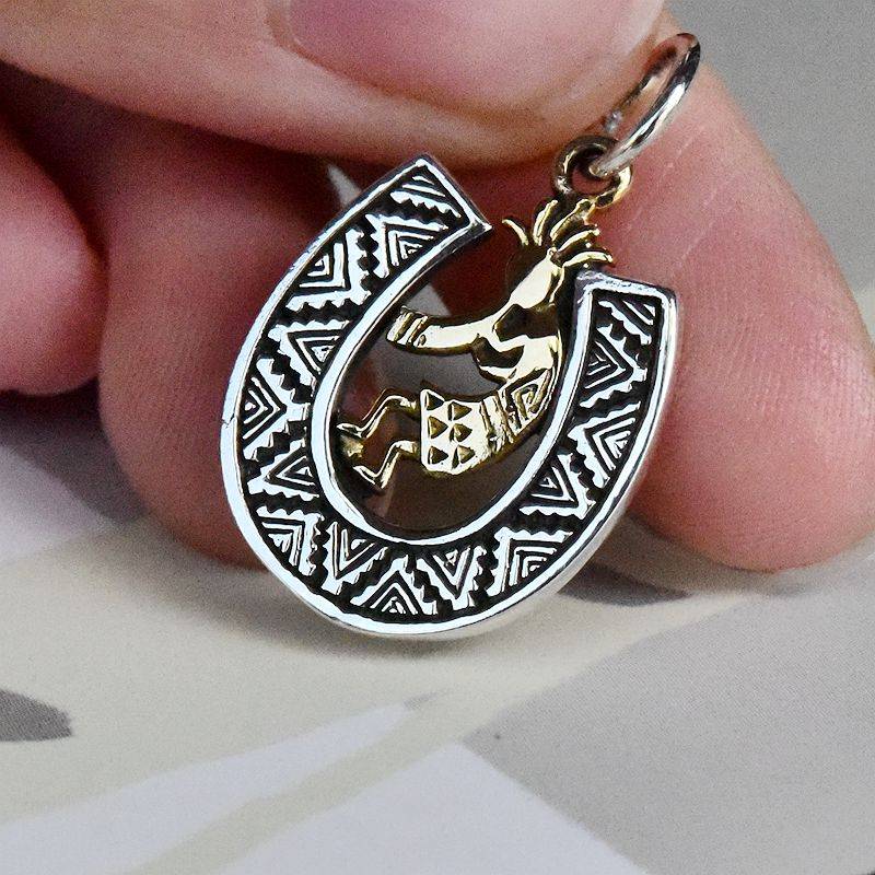GV retro grid silver and copper mixing and printed people, worship horseshoe iron Thai silver pendant 925 silver pendant