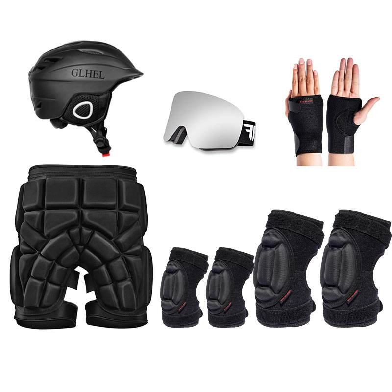 Ass + elbows strapped + snow helmets
