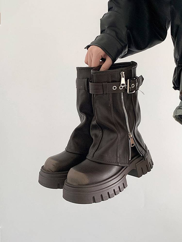 Thick bottom increased frying street pants boots female 2024 new summer knight long boots Merida brown retro short boots